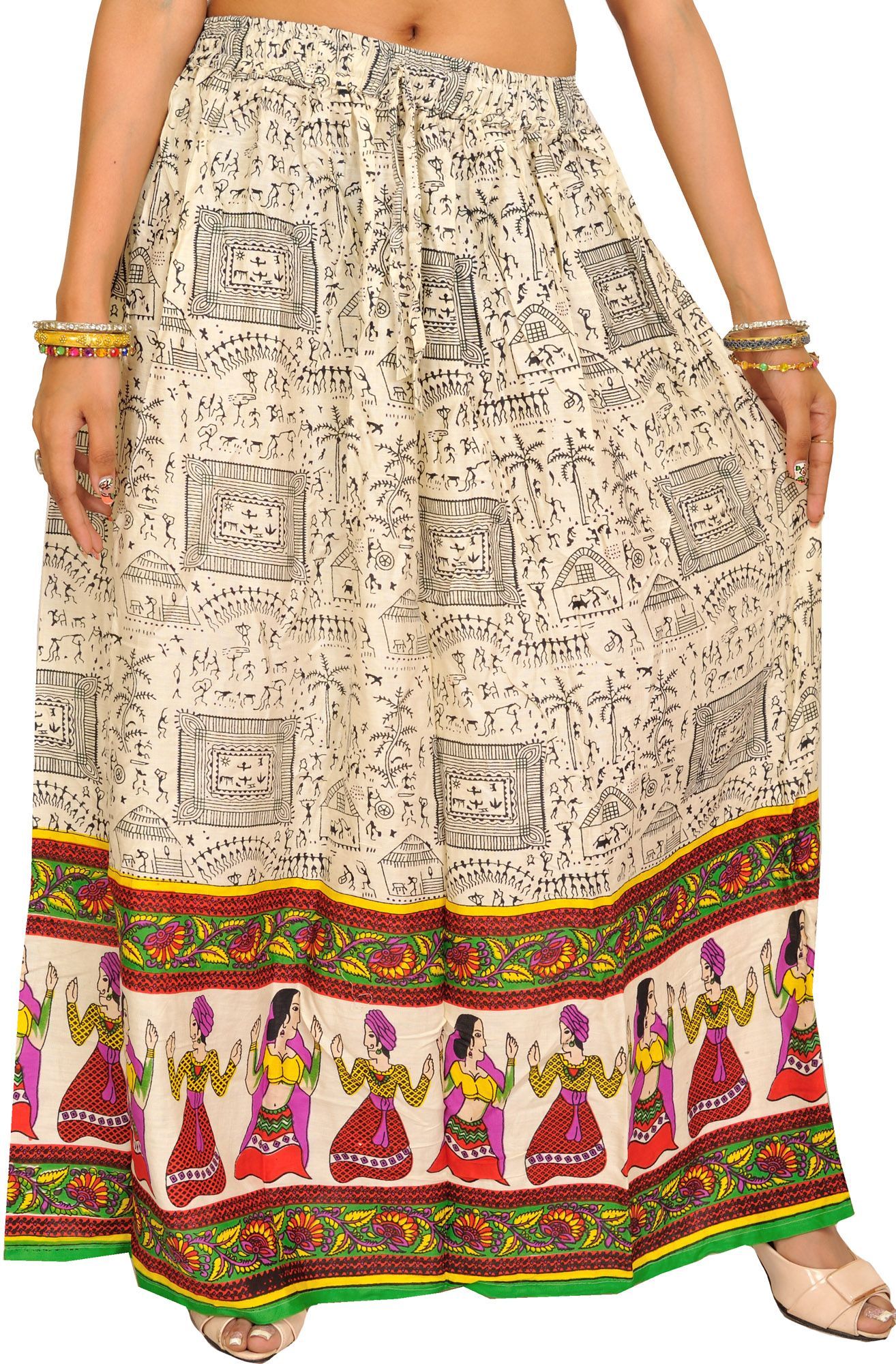 Vibrant-Green Off-White Warli Folk Printed Long Skirt with Dancing Couples