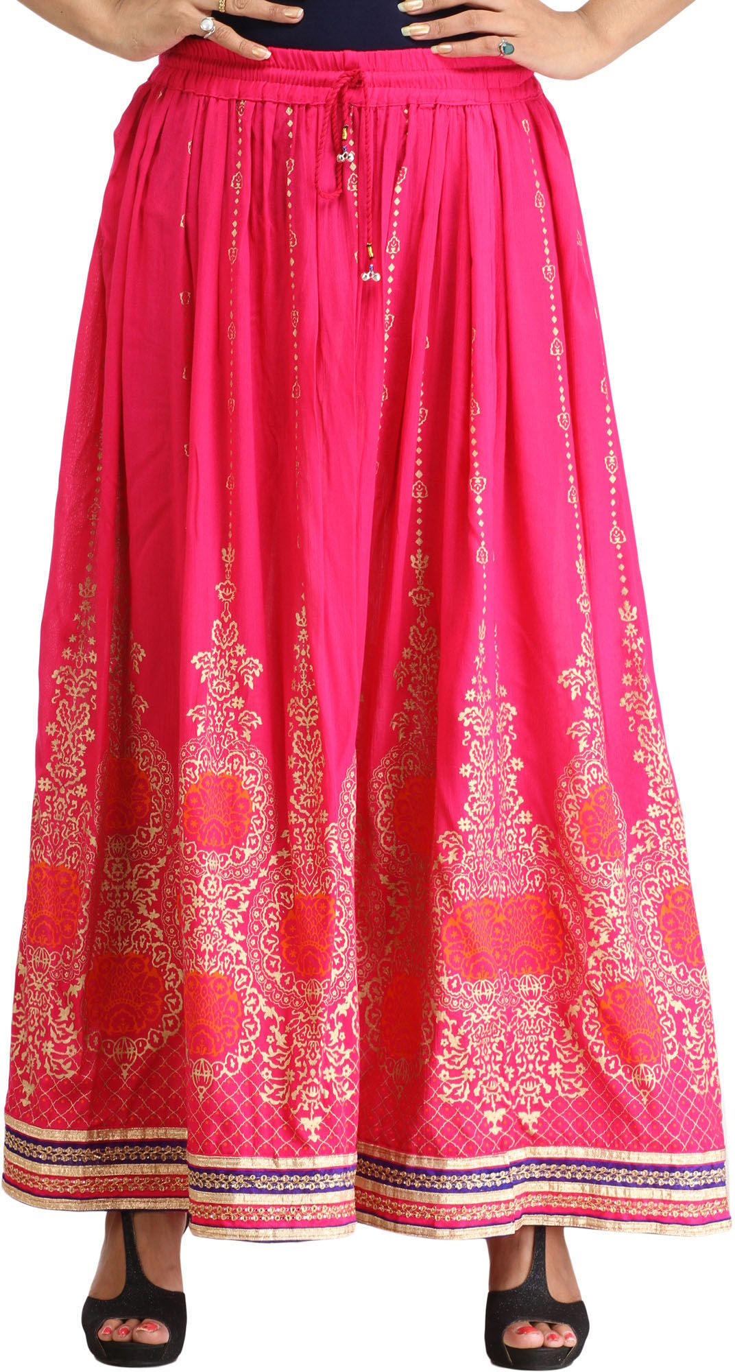 Raspberry-Sorbet Embellished Long Skirt with Golden Print and Embroidered Patch Border