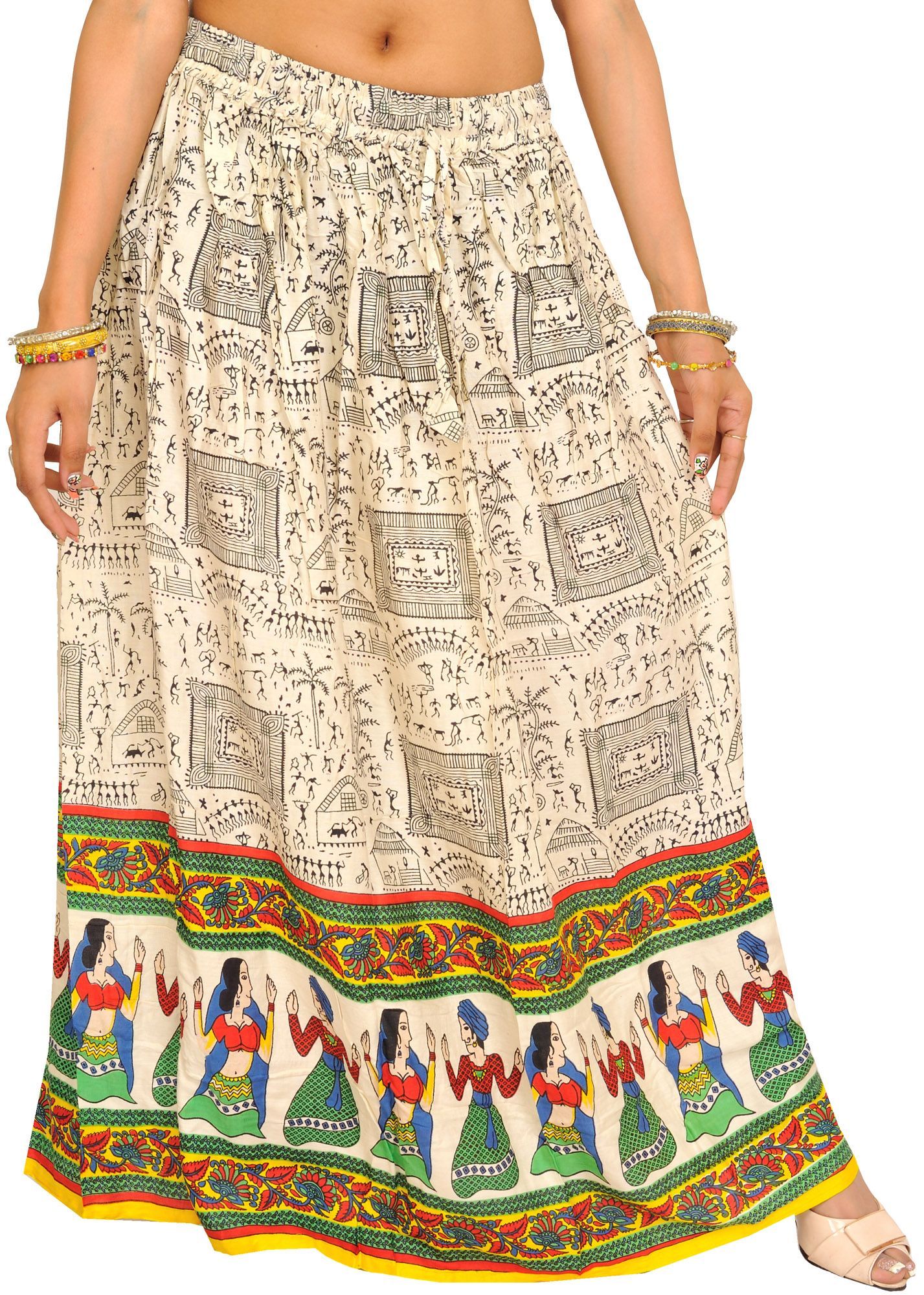 Lemon Off-White Warli Folk Printed Long Skirt with Dancing Couples