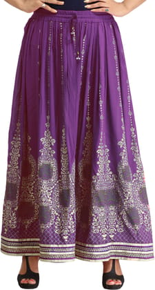 Sparkling-Grape Embellished Long Skirt with Golden Print and Embroidered Patch Border