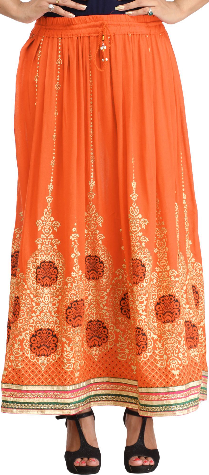 Coral-Rose Embellished Long Skirt with Golden Print and Embroidered Patch Border