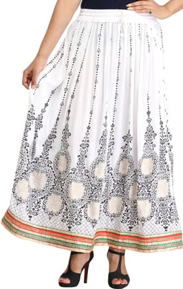 Bright-White Embellished Long Skirt with Golden Print and Embroidered Patch Border