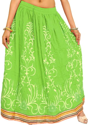 Jasmine-Green Printed Long Skirt with Embellished Patch Border