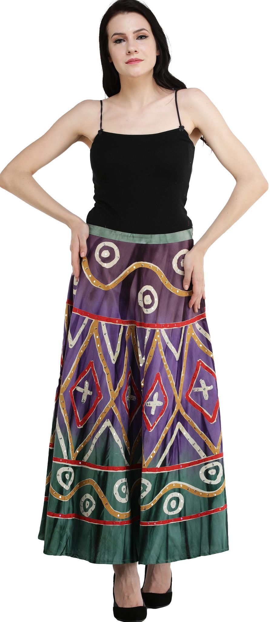 Greenlake Long Skirt with Printed Motifs and Embroidered Sequins