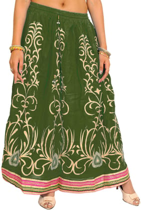 Bronze-Green Printed Long Skirt with Embellished Patch Border