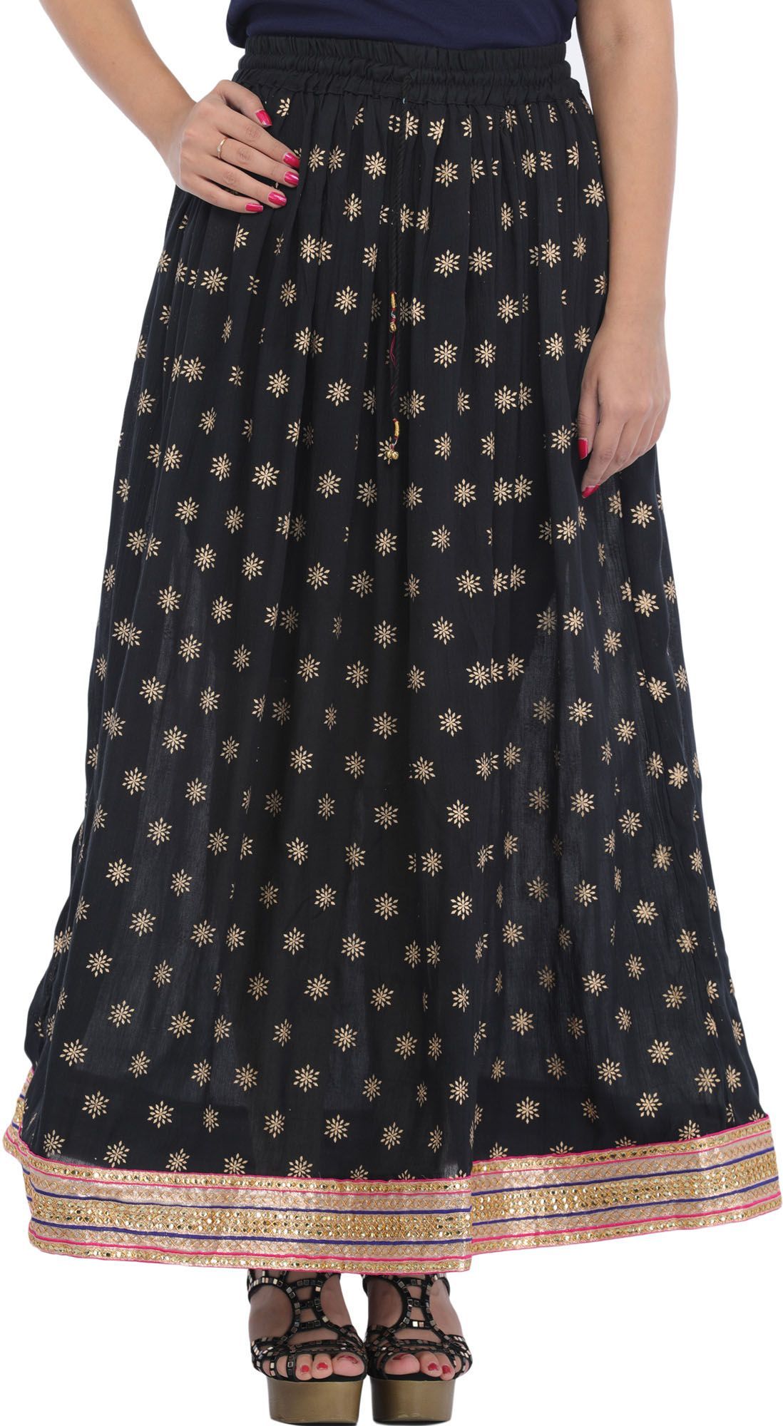 Jet-Black Long Skirt with Golden Printed Bootis and Gota Border