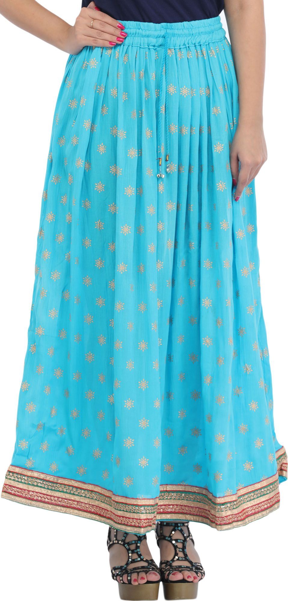 Batton-Blue Long Skirt with Golden Printed Bootis and Gota Border