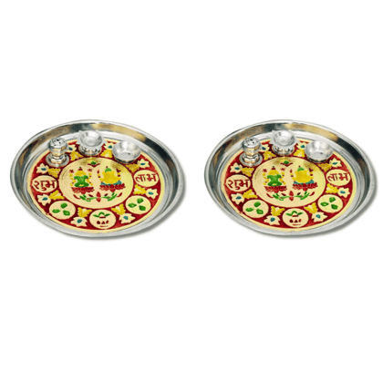 SHINI LIFESTYLE stainless steel pooja thali with printed laxmi ji & ganesh ji || pooja thali, puja thali (2pc)