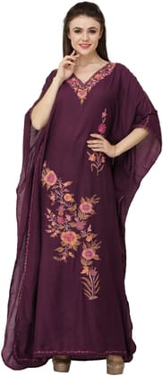 Purple-Potion Crushed Kashmiri Kaftan with Aari Embroidered Multicolored Flowers