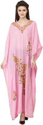 Sachet-Pink Crushed Kashmiri Kaftan with Aari Embroidered Multicolored Flowers