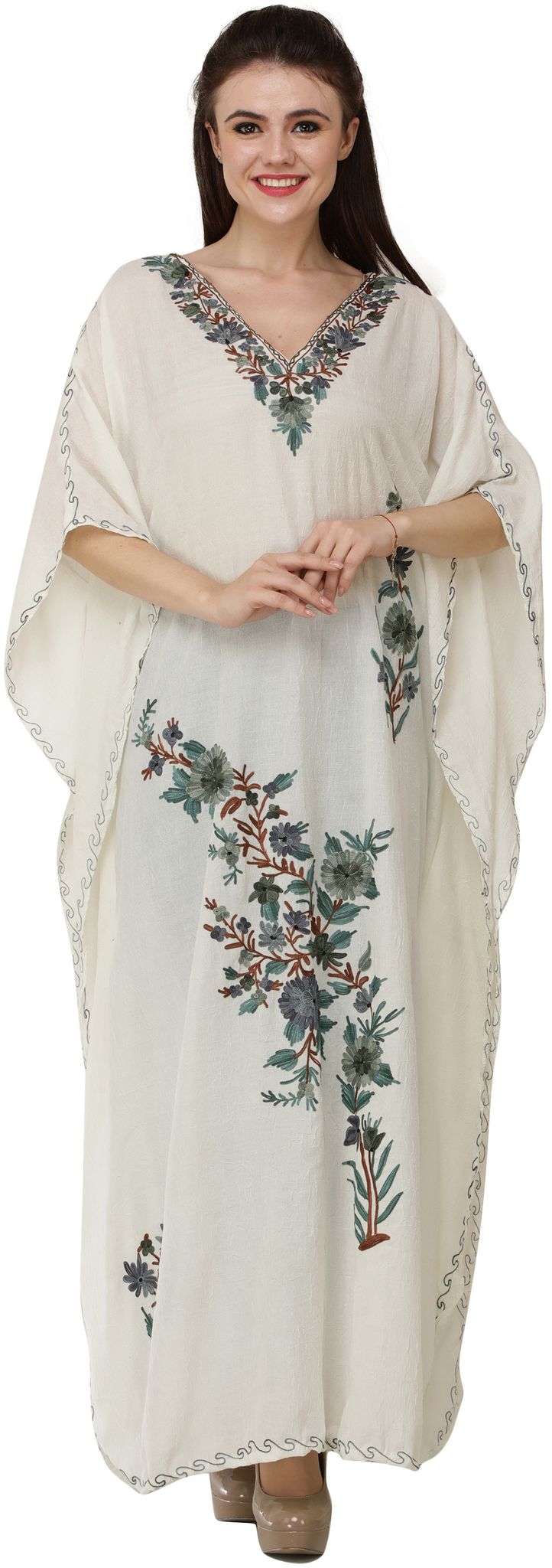 Star-White Crushed Kashmiri Kaftan with Aari Embroidered Multicolored Flowers