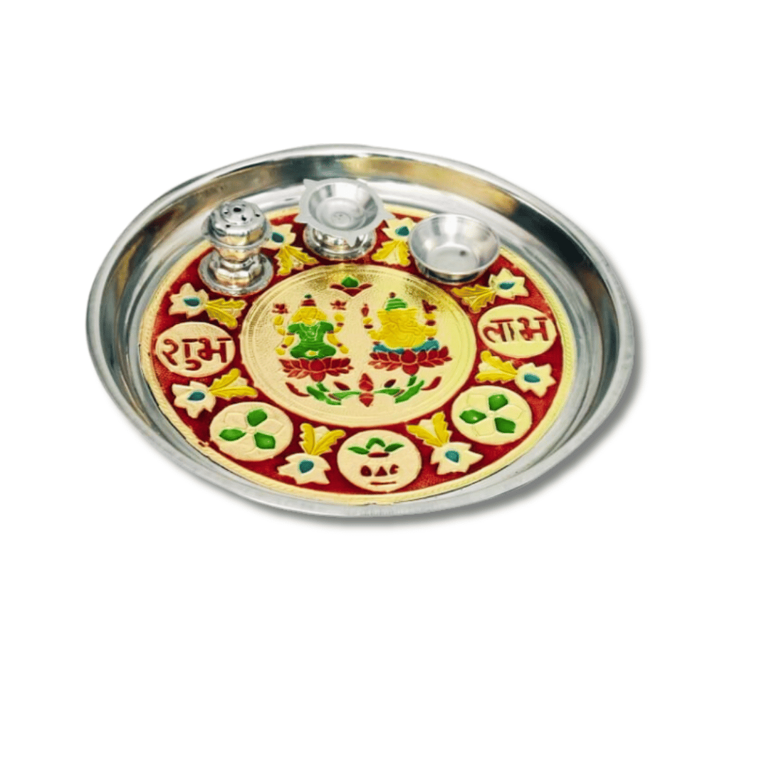 SHINI LIFESTYLE stainless steel pooja thali with printed laxmi ji & ganesh ji || pooja thali, puja thali (1pc)