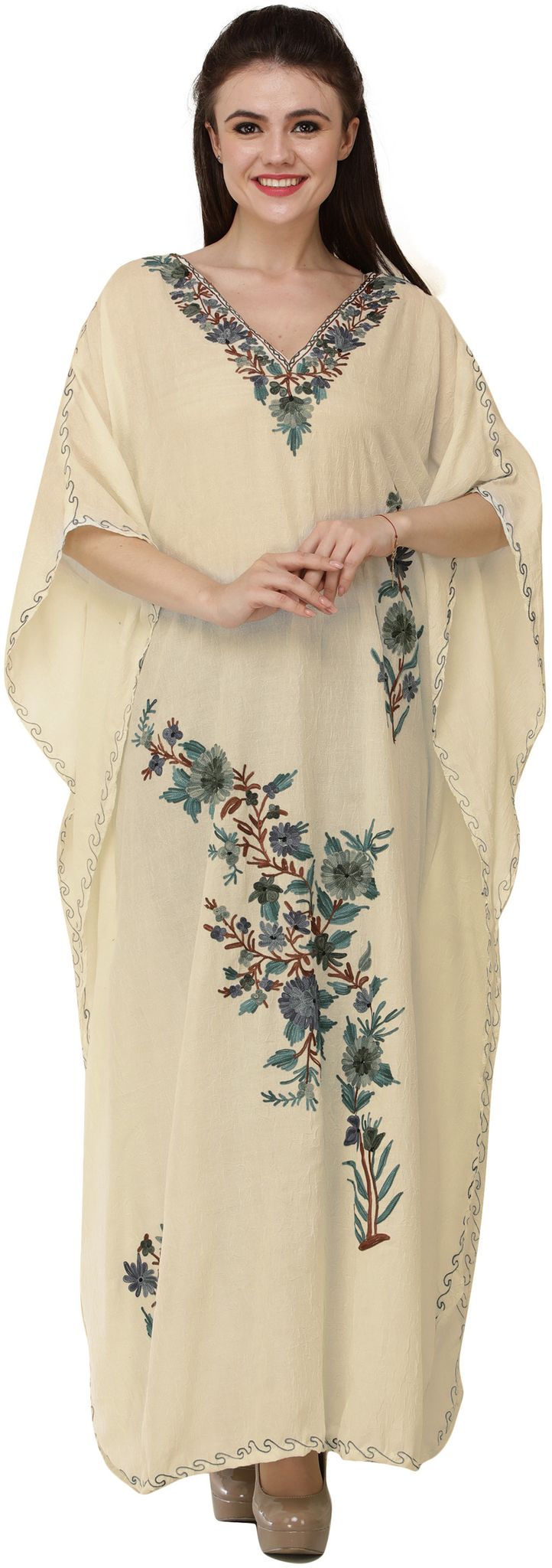 Gray-Sand Crushed Kashmiri Kaftan with Aari Embroidered Multicolored Flowers