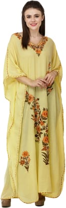 Pastel-Yellow Crushed Kashmiri Kaftan with Aari Embroidered Multicolored Flowers