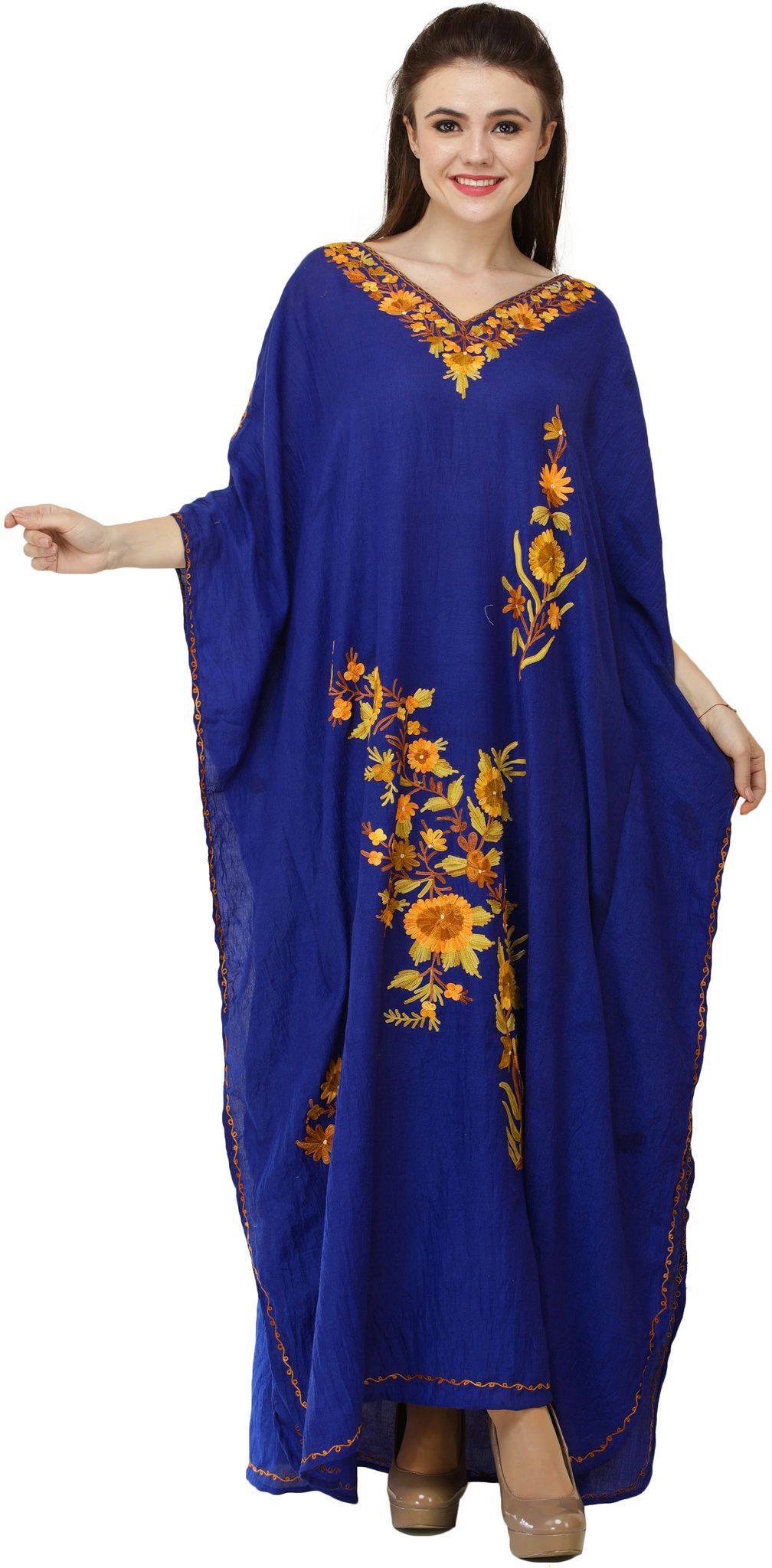 Lapis-Blue Crushed Kashmiri Kaftan with Aari Embroidered Multicolored Flowers