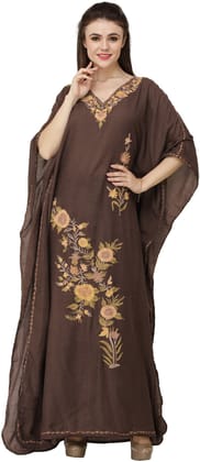 Apple-Butter Crushed Kashmiri Kaftan with Aari Embroidered Multicolored Flowers