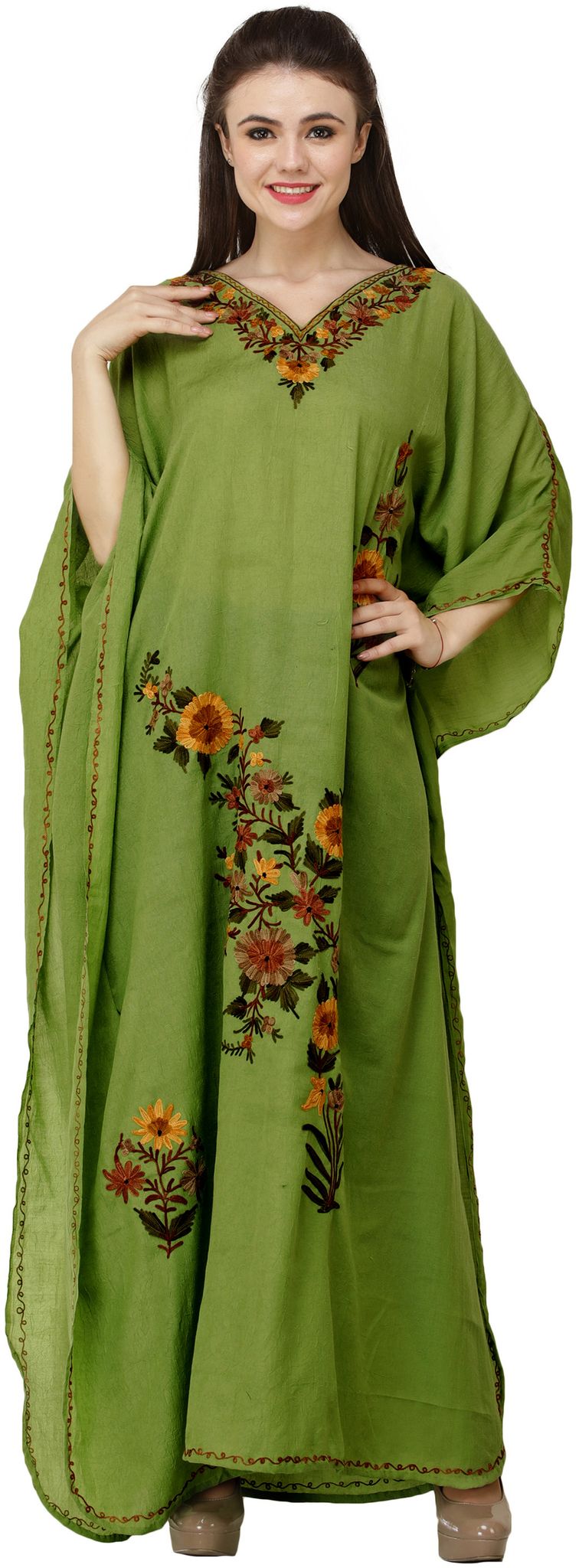 Cedar-Green Crushed Kashmiri Kaftan with Aari Embroidered Multicolored Flowers