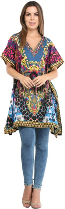 Blue-Aster Short Kaftan with Printed Florals All-Over and Dori at Waist