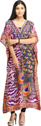 Pansy-Purple Digital-Printed Kaftan with Dori on Waist and Large Peacock Feathers