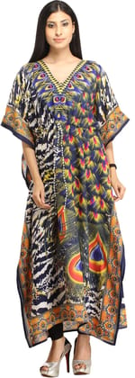 Patriot-Blue Digital-Printed Kaftan with Dori on Waist and Large Peacock Feathers