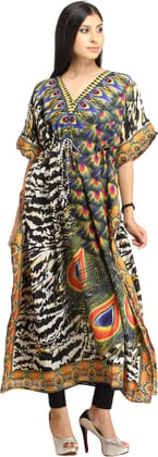 Pirate-Black Digital-Printed Kaftan with Dori on Waist and Large Peacock Feathers