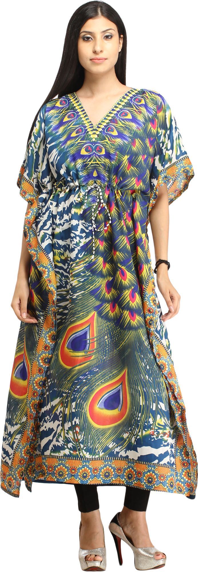 Moroccan-Blue Digital-Printed Kaftan with Dori on Waist and Large Peacock Feathers