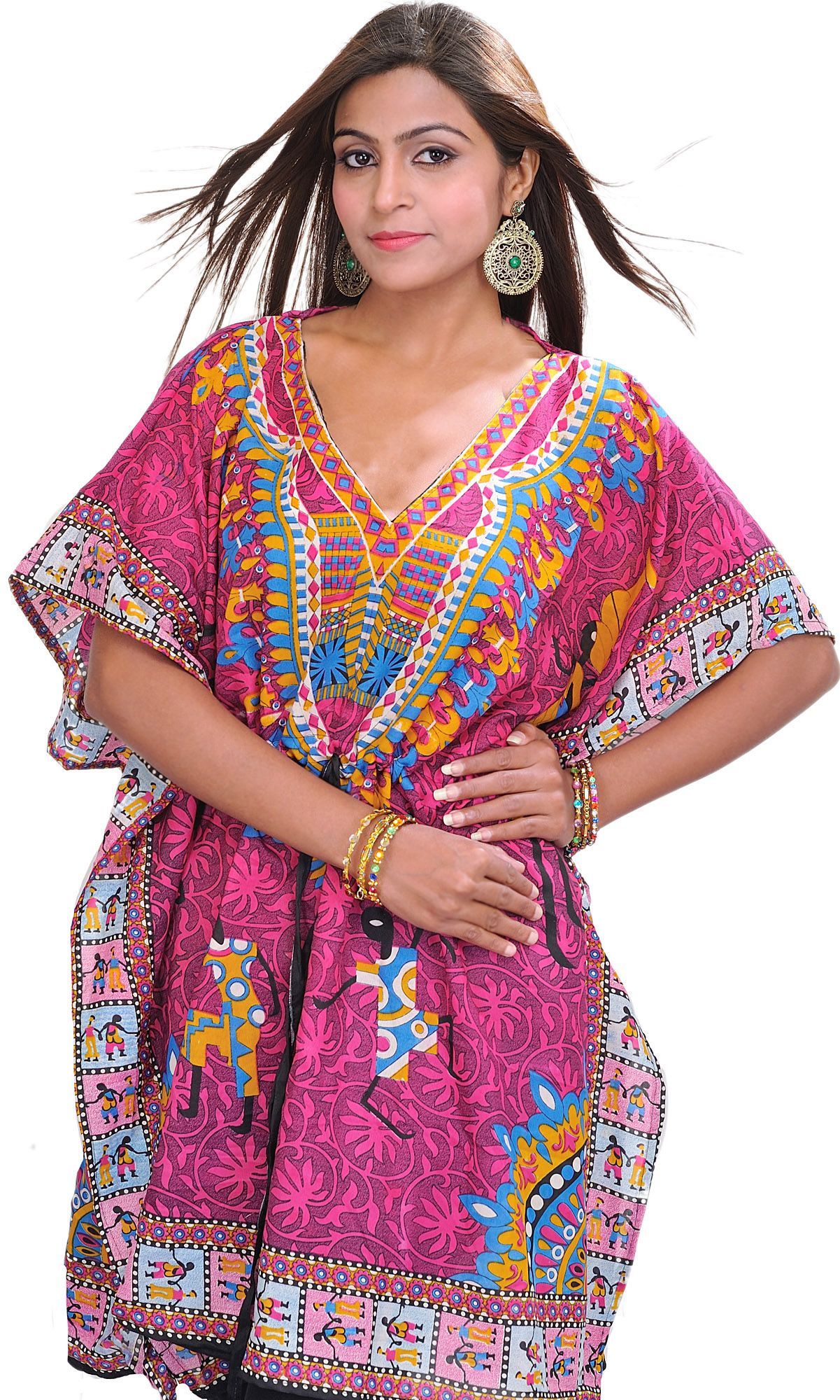 Pink Printed Short Kaftan with Dori at Waist