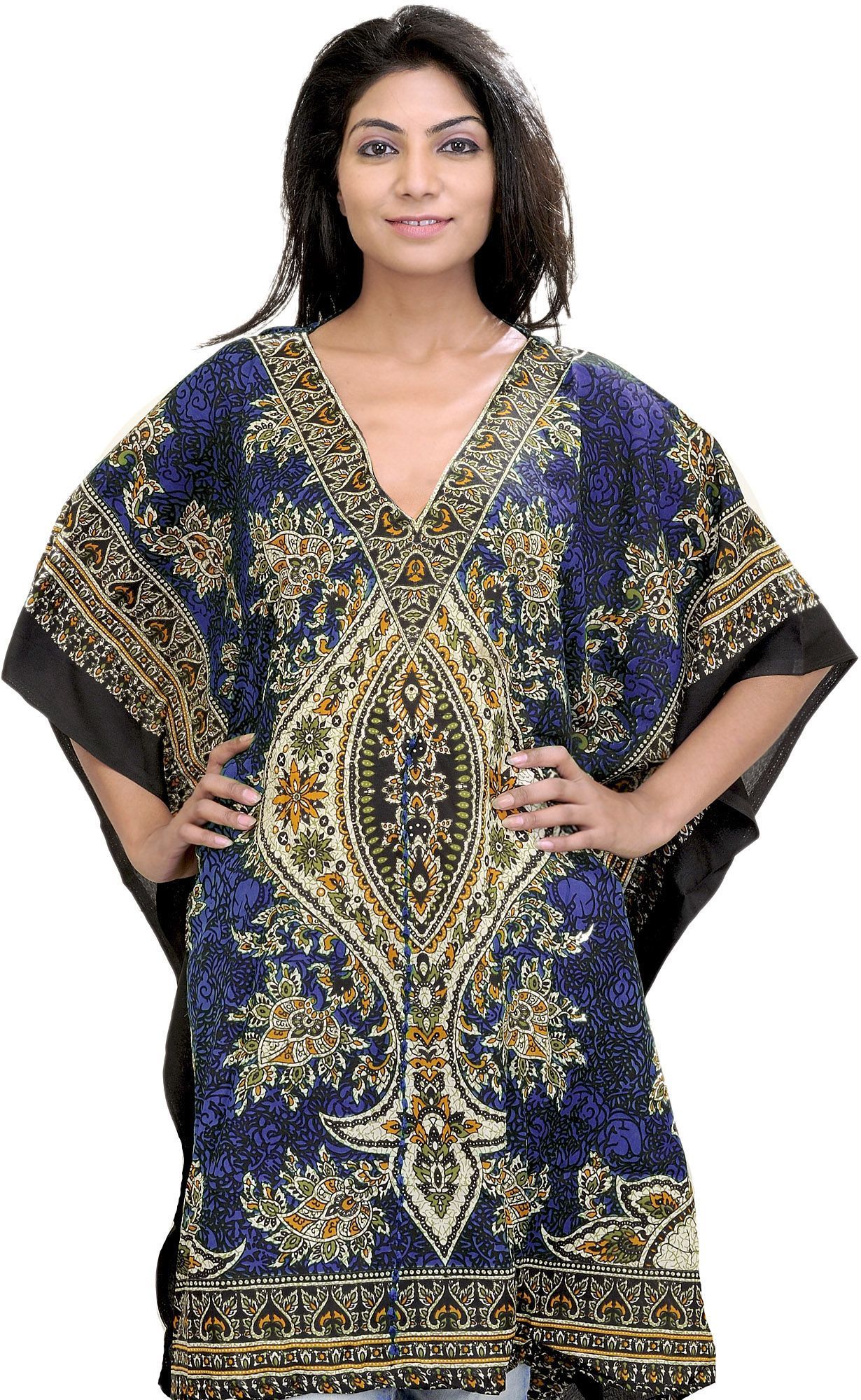 Spectrum-Blue Printed Short Boho Kaftan with Dori at Waist