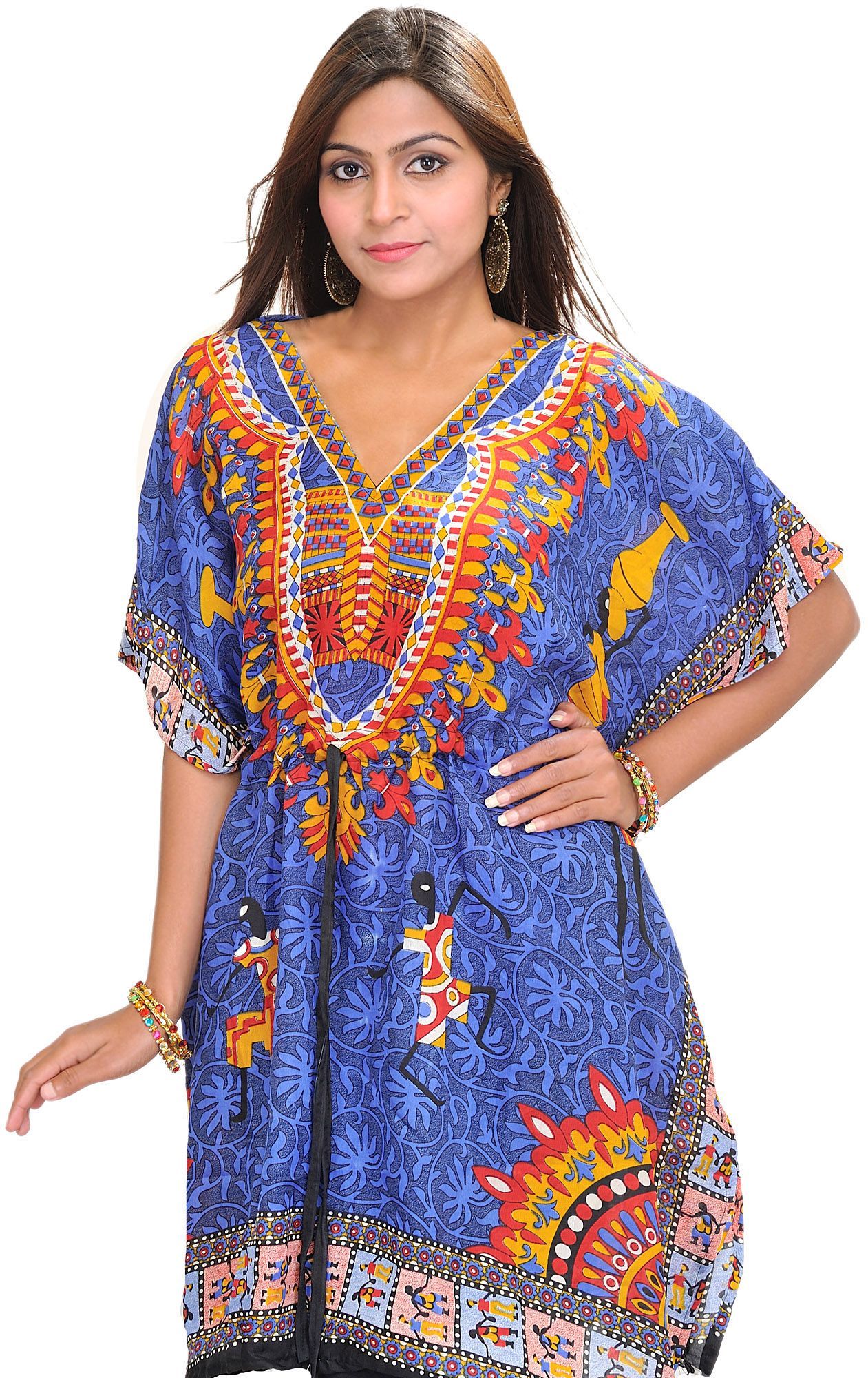 Blue Printed Short Kaftan with Dori at Waist