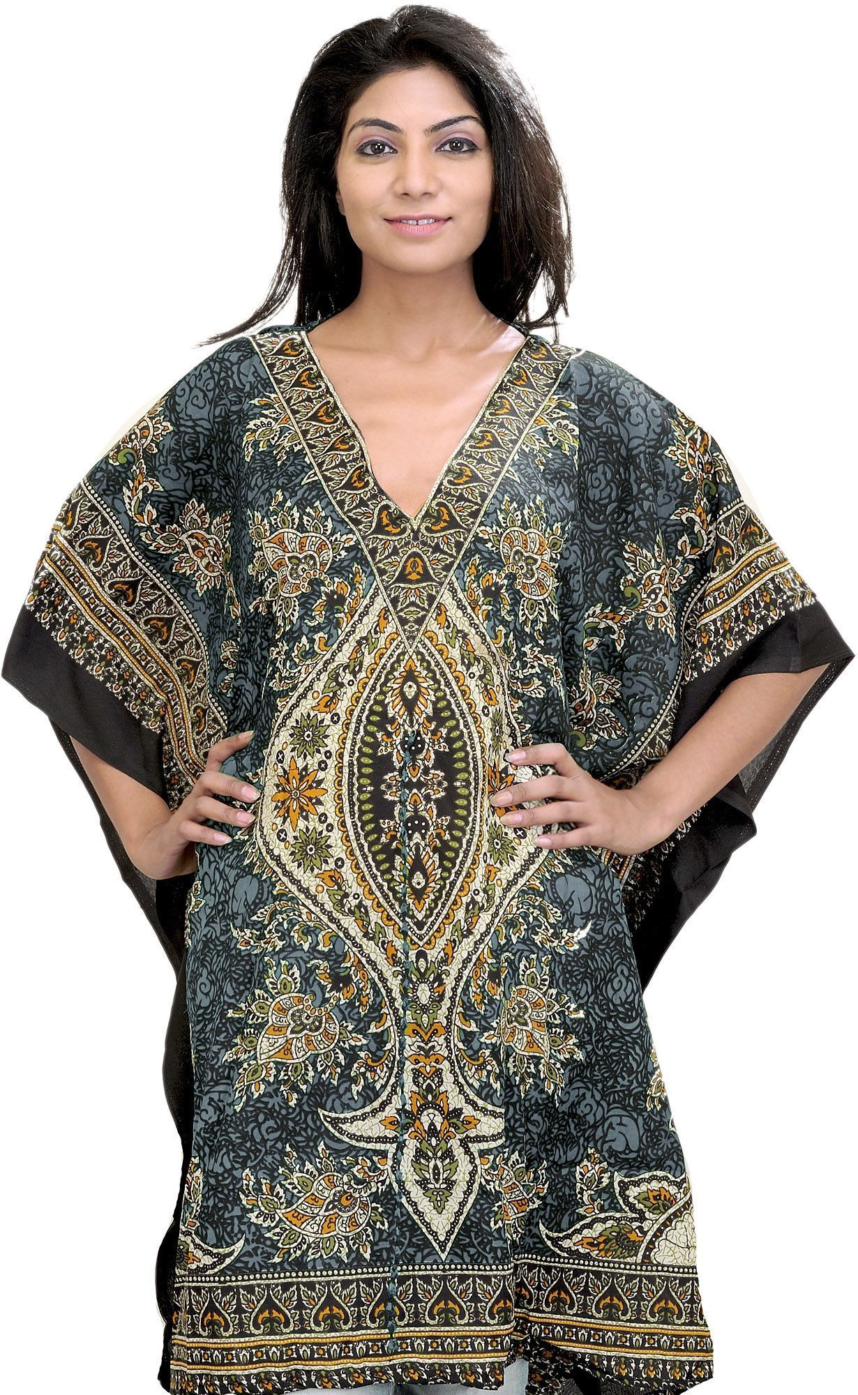 Gray Printed Short Boho Kaftan with Dori at Waist