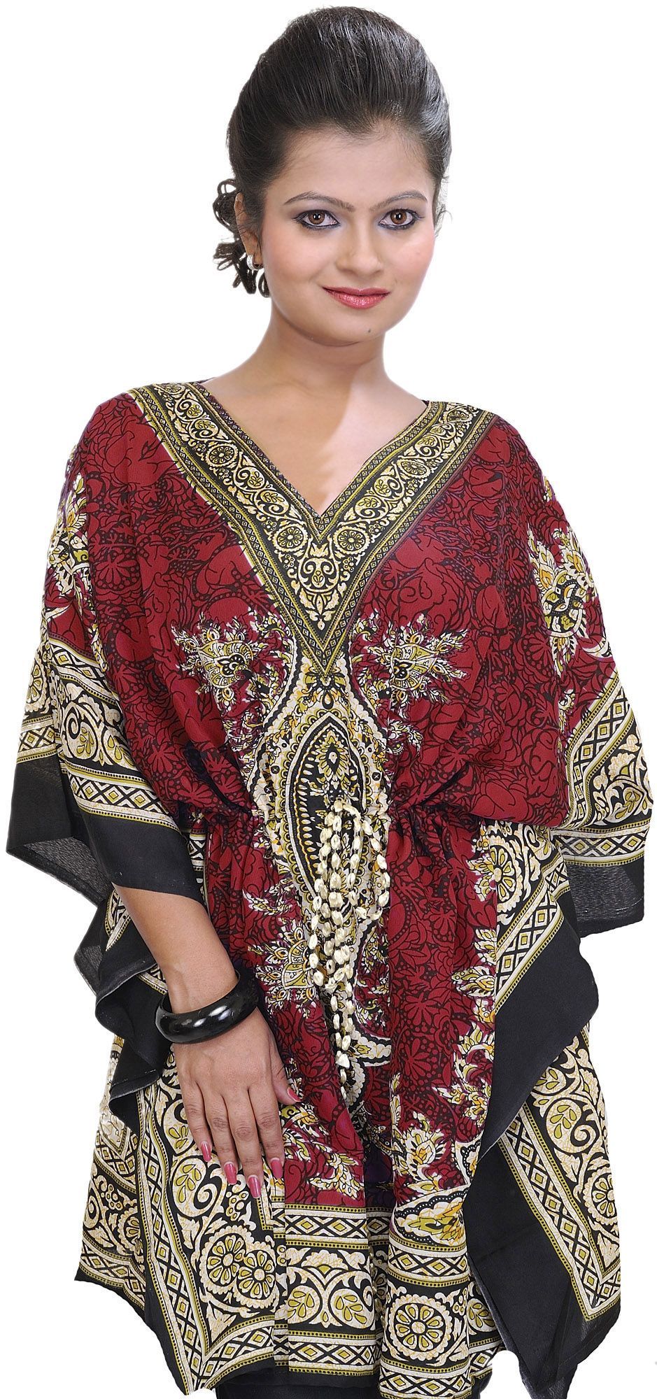 Rococco Red Printed Short Boho Kaftan with Dori at Waist