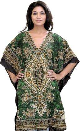 Garden-Green Printed Short Boho Kaftan with Dori at Waist