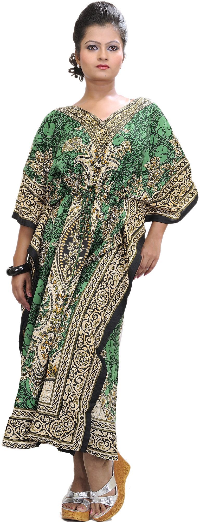 Ultramarine-Green Long Printed Kaftan with Dori at Waist