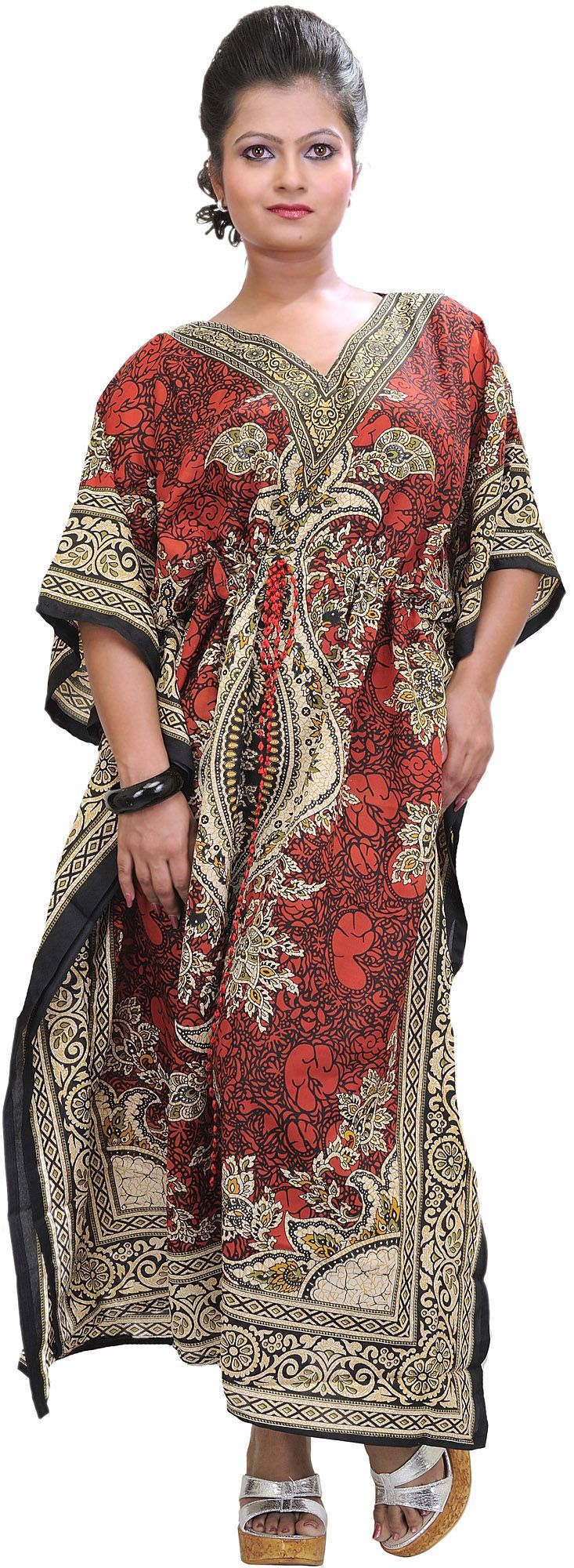 Claret-Red Long Printed Kaftan with Dori at Waist