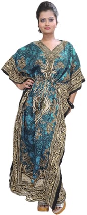 Blue-Atoll Long Printed Kaftan with Dori at Waist