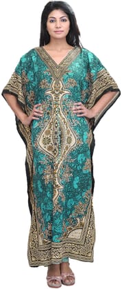 Ceramic-Green Long Printed Kaftan with Dori at Waist