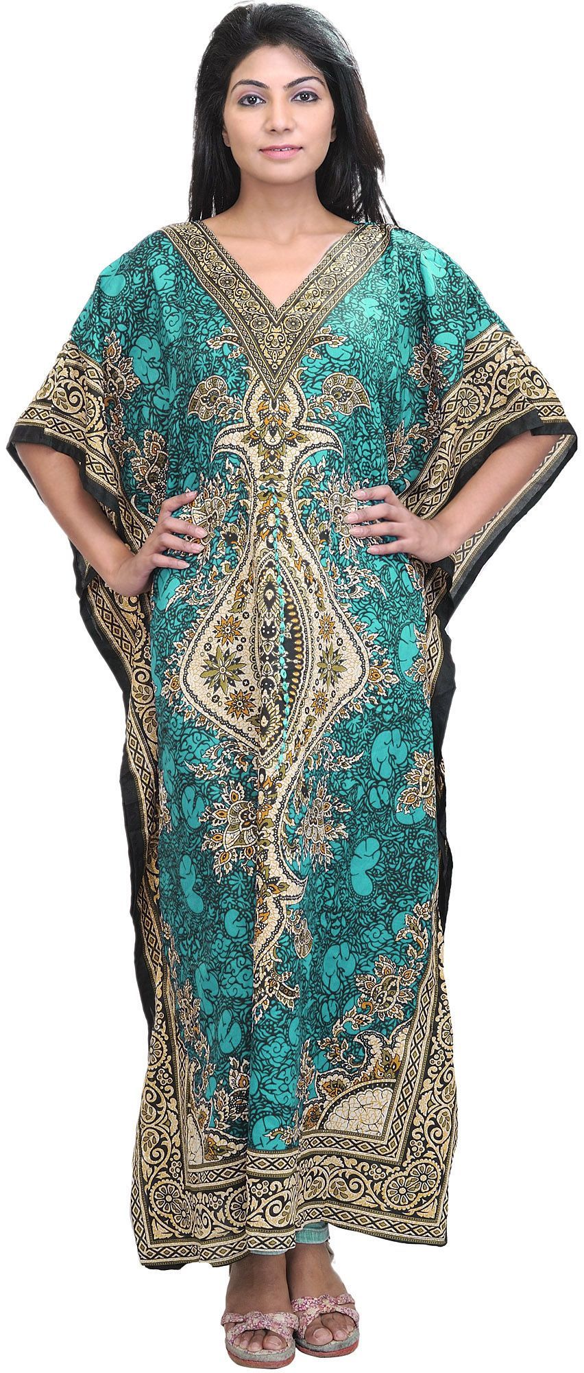 Ceramic-Green Long Printed Kaftan with Dori at Waist