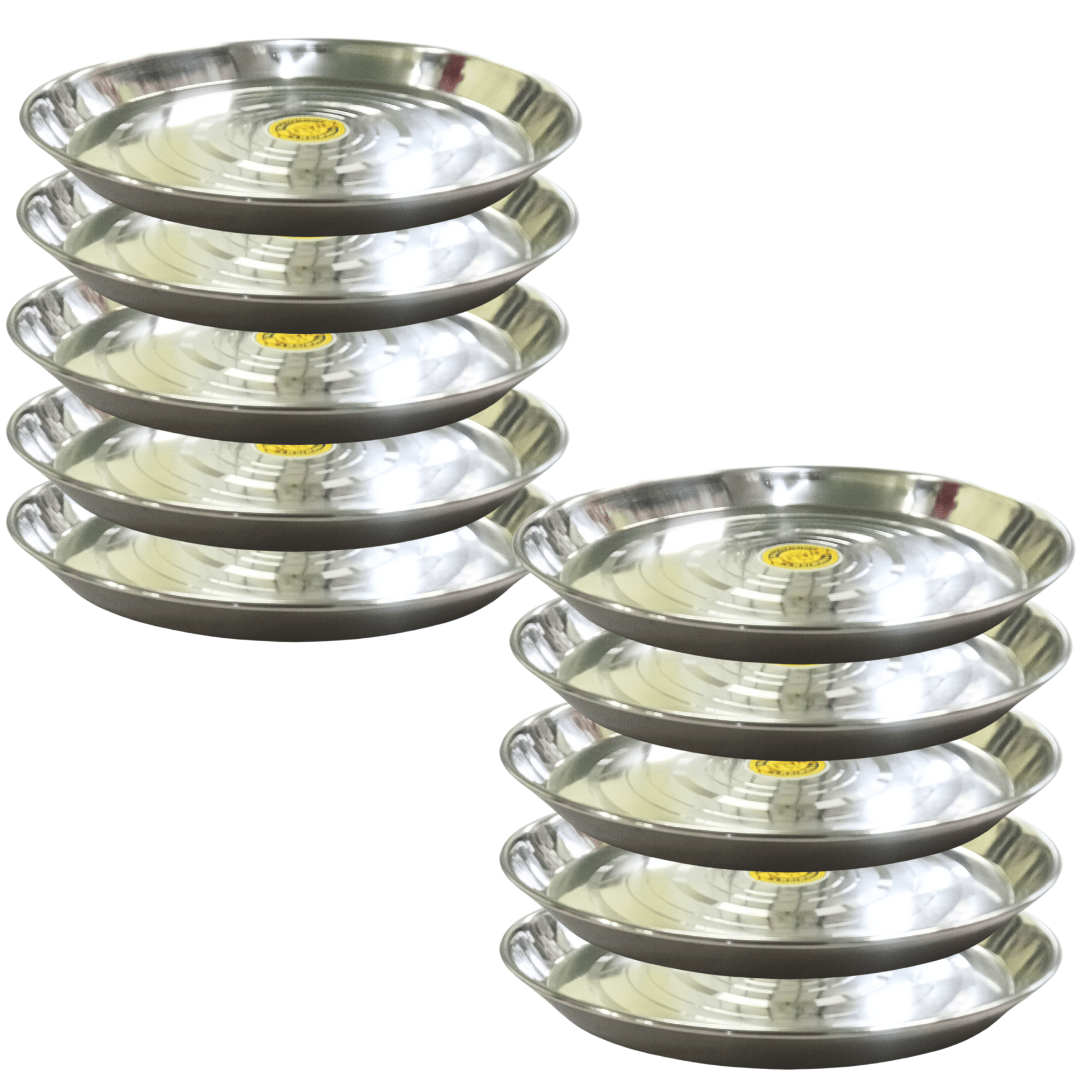 SHINI LIFESTYLE Stainless Steel Serving Plate, Dinner Plates set, Lunch Plates, Khumcha Thali (Dia-30cm, 10Pc)