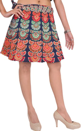 Medieval-Blue Sanganeri Wrap-Around Mini-Skirt with Printed Motifs