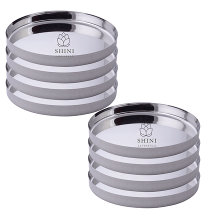 SHINI LIFESTYLE Stainless Steel Lunch plate, Bhojan thali, Khumcha thali, Dinner plate(Dia-27cm, 8Pc)