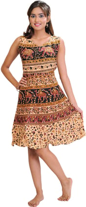 Peach And  Red Sanganeri Summer Dress with Printed Camels and Elephants