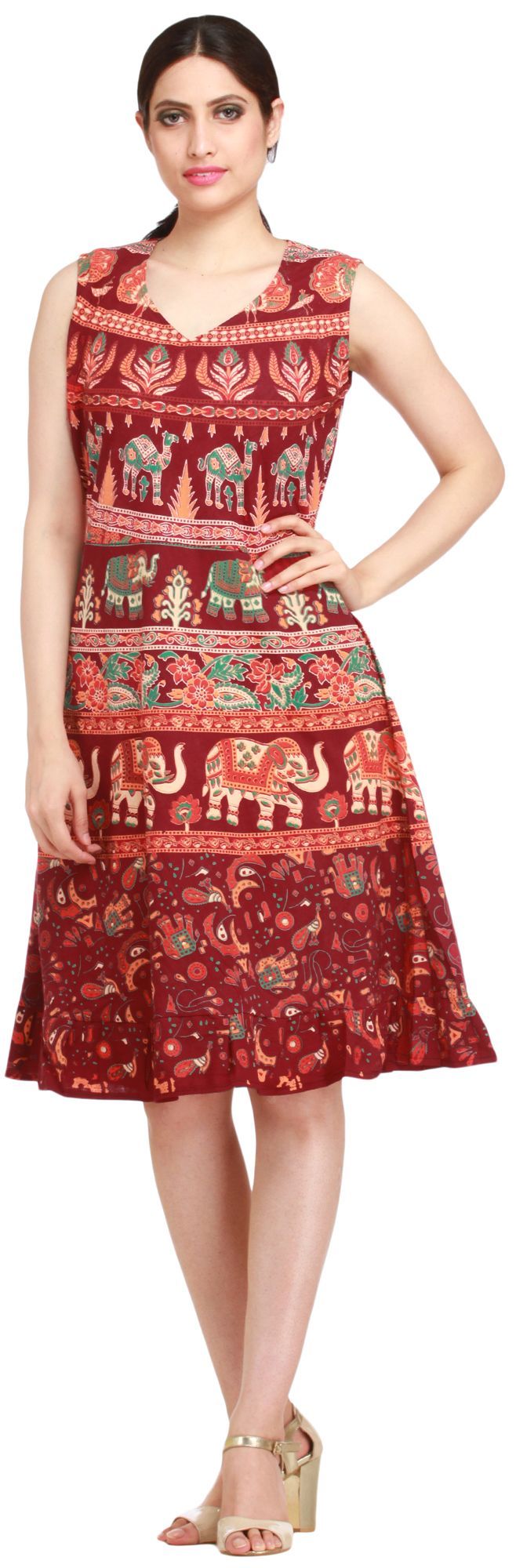 Tawny-Port Summer Dress from Pilkhuwa with Printed Elephants and Camels