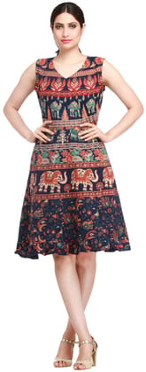 Medieval-Blue Summer Dress from Pilkhuwa with Printed Elephants and Camels