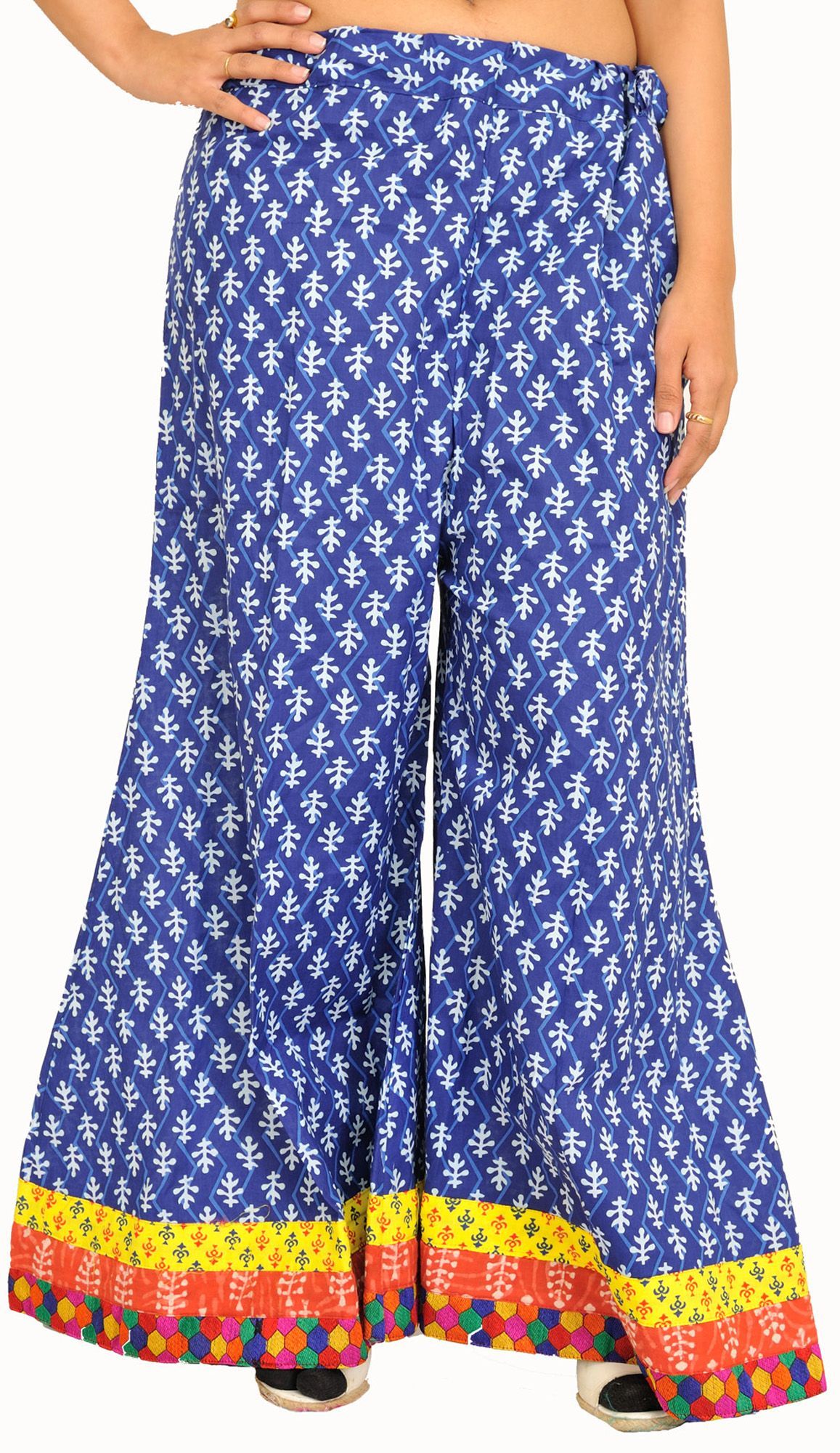 Twilight-Blue Casual Palazzo Pants from Pilkhuwa with Printed Bootis and Patch Border