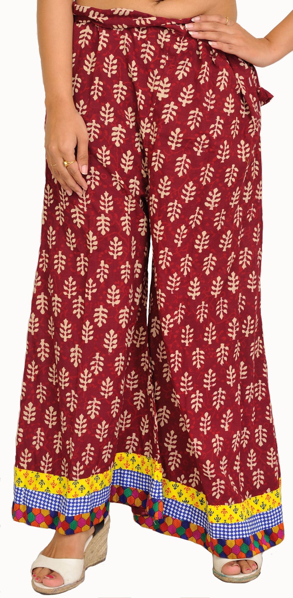 Windsor-Wine Casual Palazzo Pants from Pilkhuwa with Printed Bootis and Patch Border