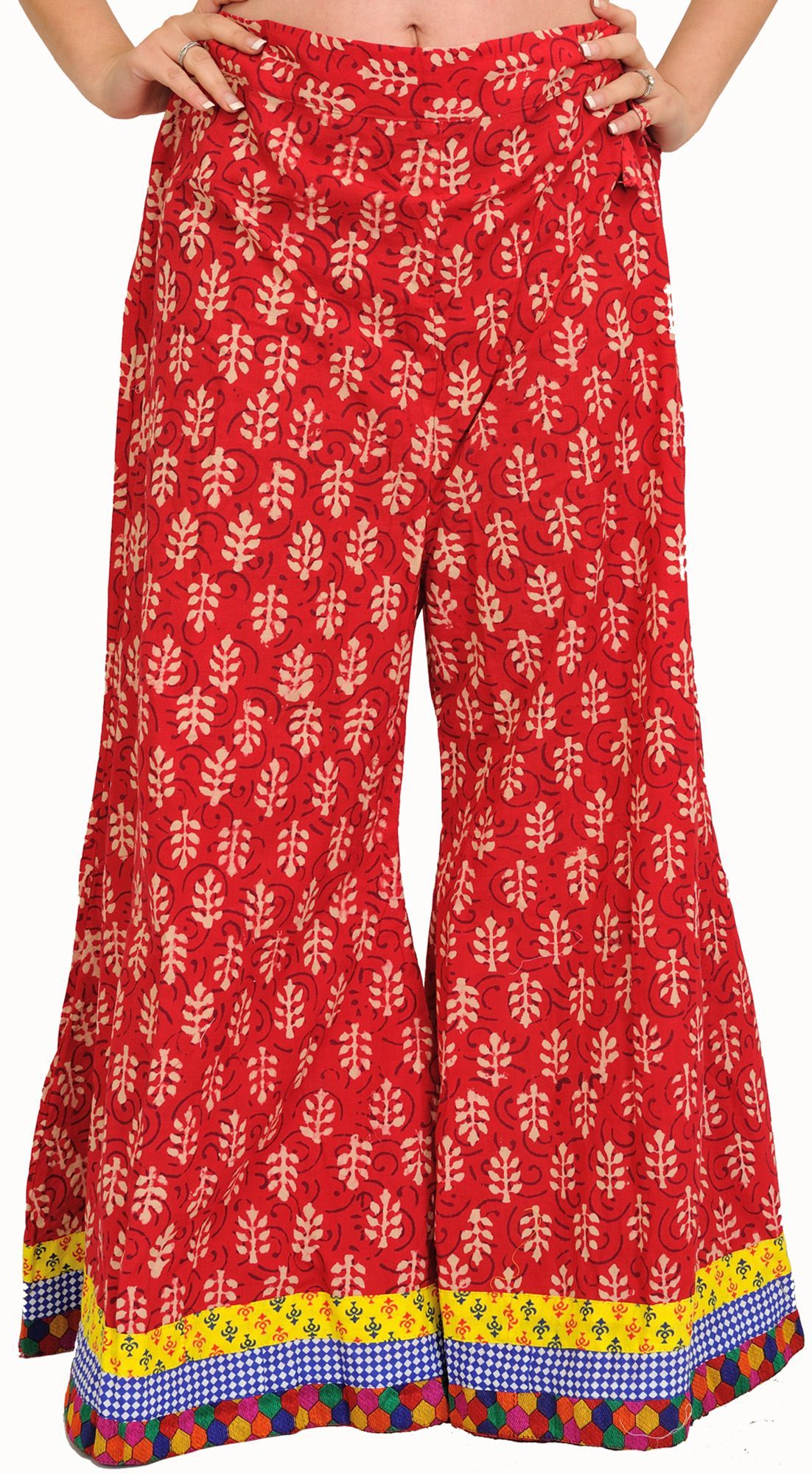 Rococco-Red Casual Palazzo Pants from Pilkhuwa with Printed Bootis and Patch Border