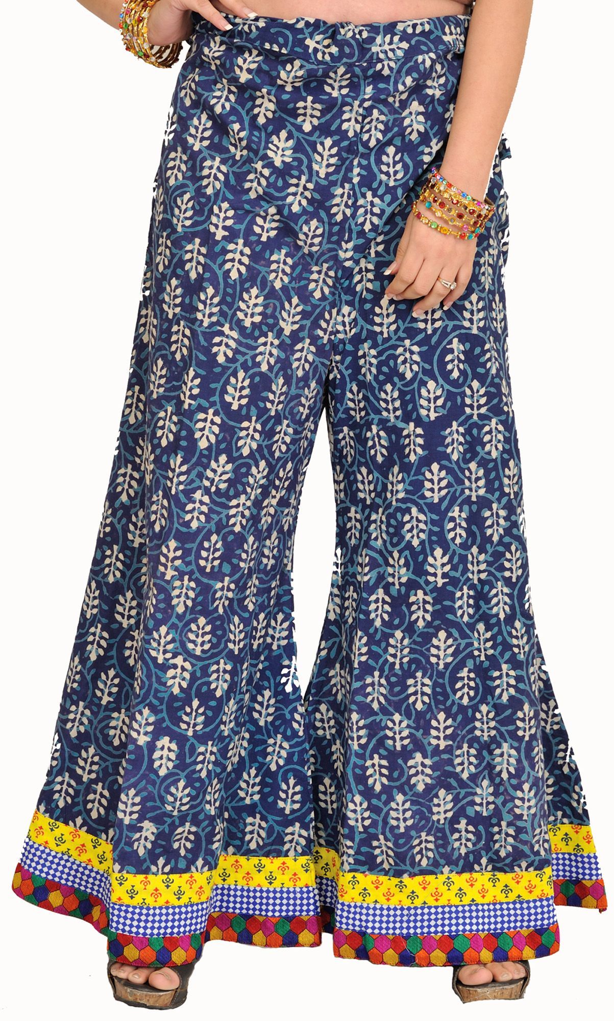 Mood-Indigo Casual Palazzo Pants from Pilkhuwa with Printed Bootis and Patch Border