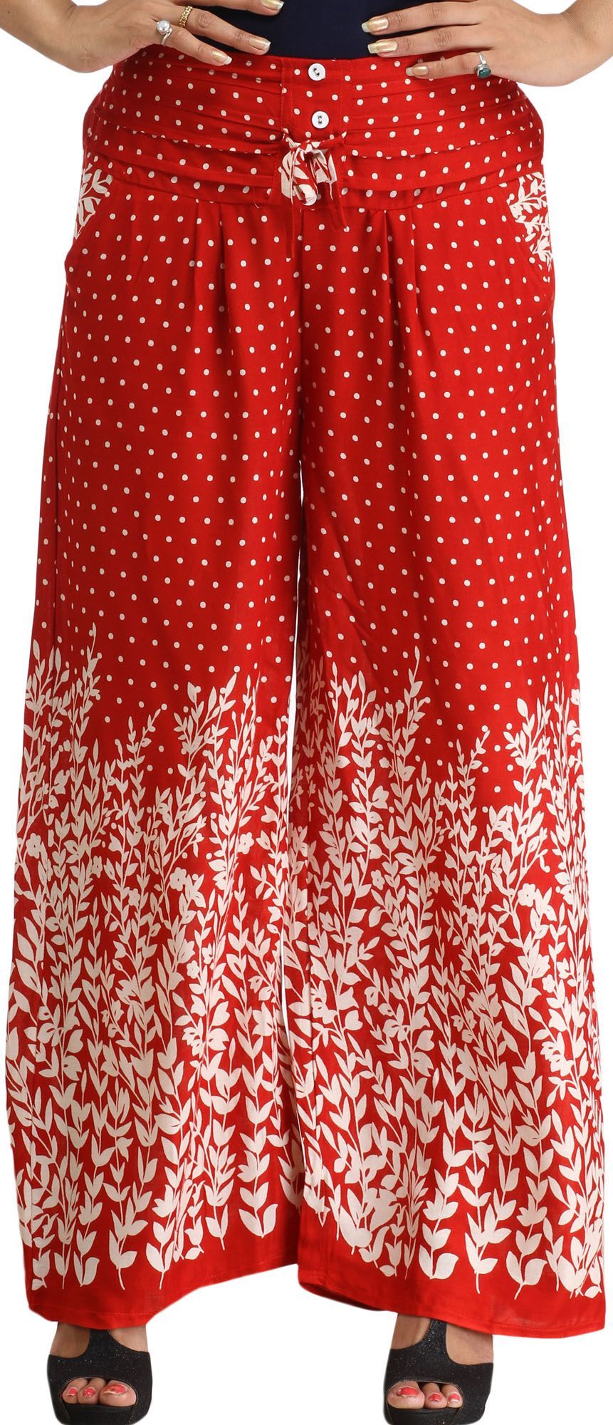 Tango-Red Printed Casual Palazzo Pants with Side Pockets