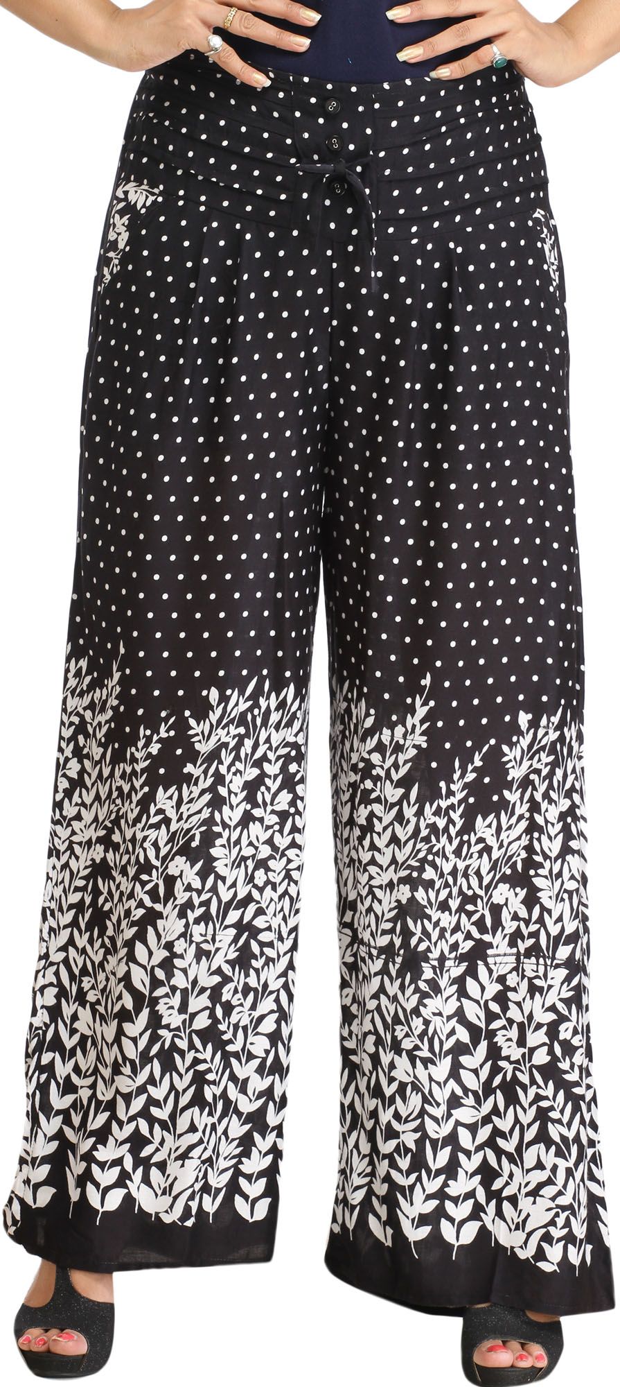 Jet-Black Printed Casual Palazzo Pants with Side Pockets