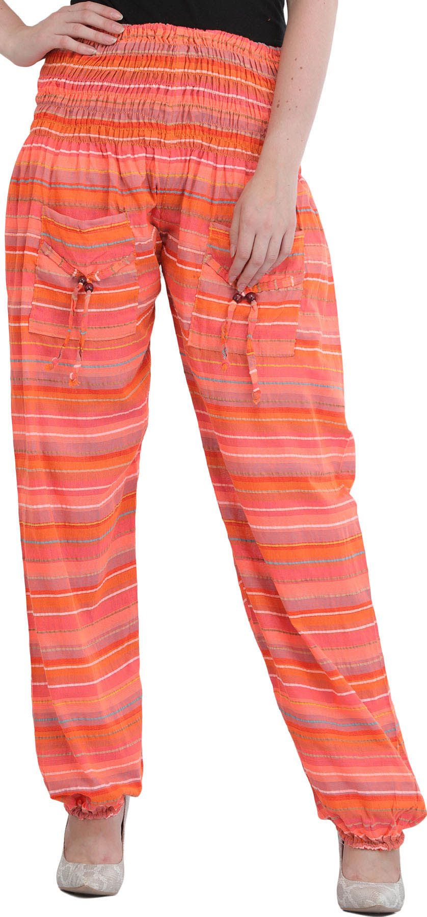 Fusion-Coral Woven Yoga Trousers with Front Pockets